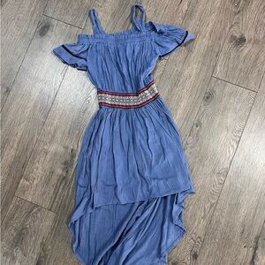 Iris & Ivy Blue Off-Shoulder Dress with Red Embroidery